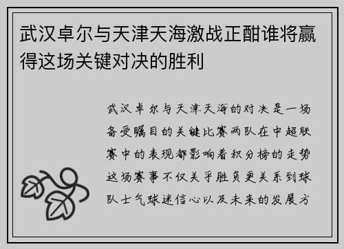武汉卓尔与天津天海激战正酣谁将赢得这场关键对决的胜利
